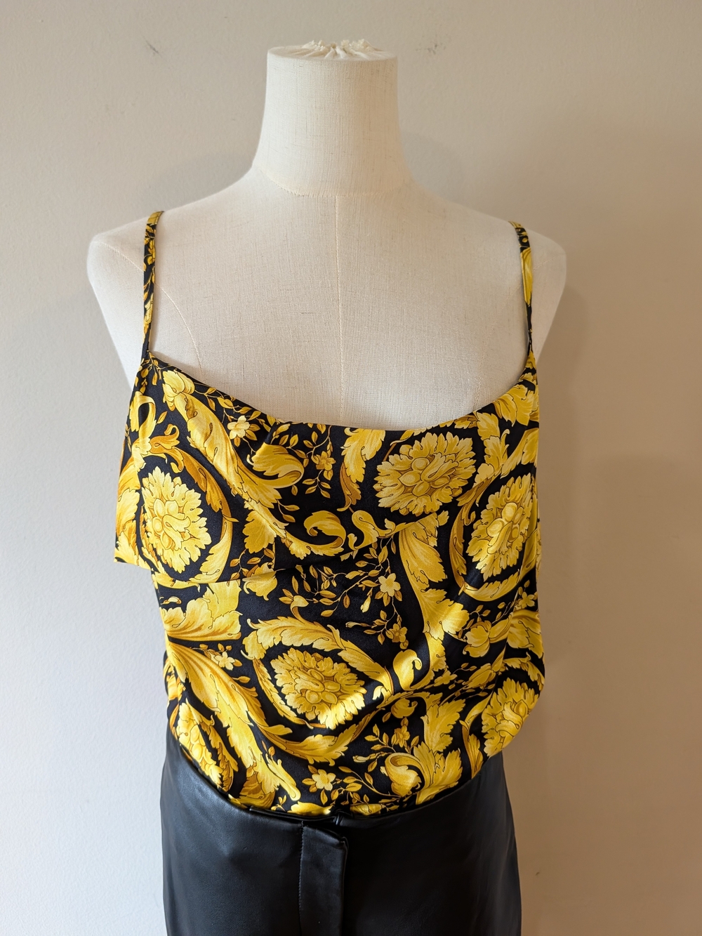 Versace Black and Yellow Baroque Patterned Silk Bodysuit